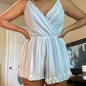 blue and white flowy romper